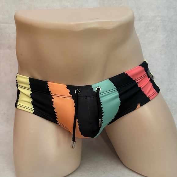 ALO Yoga Men's Striped Swim Trunks - Black, Green, Orange, Yellow - Picture 4 of 4